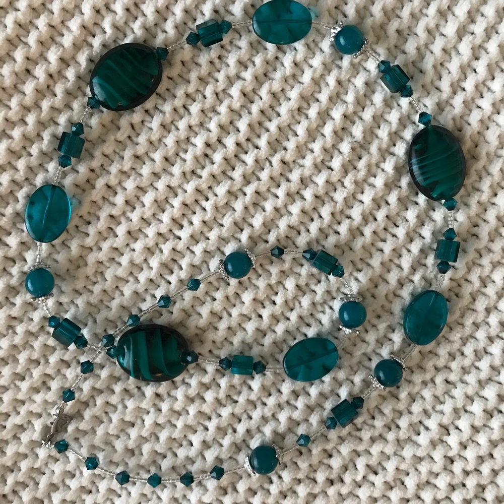 Long teal beaded necklace